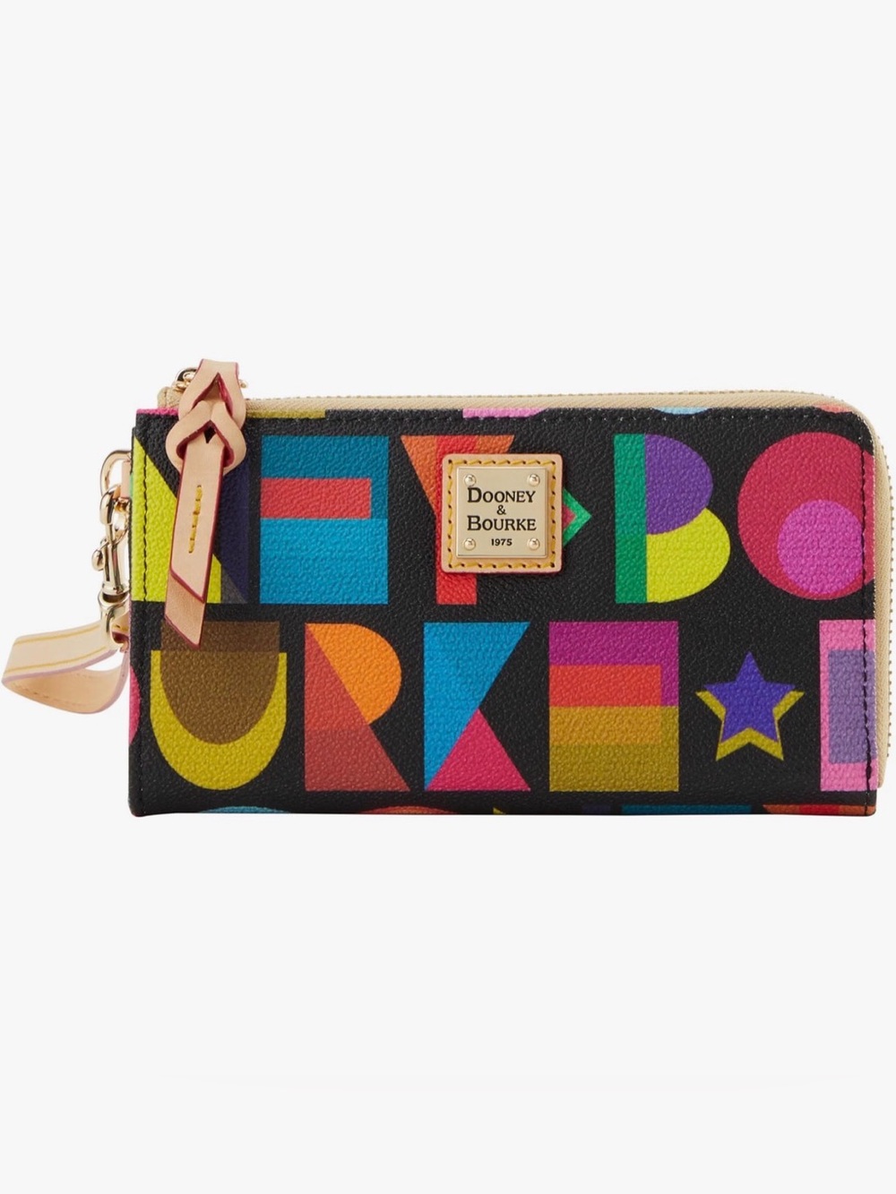 Dooney & Bourke Black Art Deco Folded Zip Multicolor Logo Wristlet Wallet NWOT